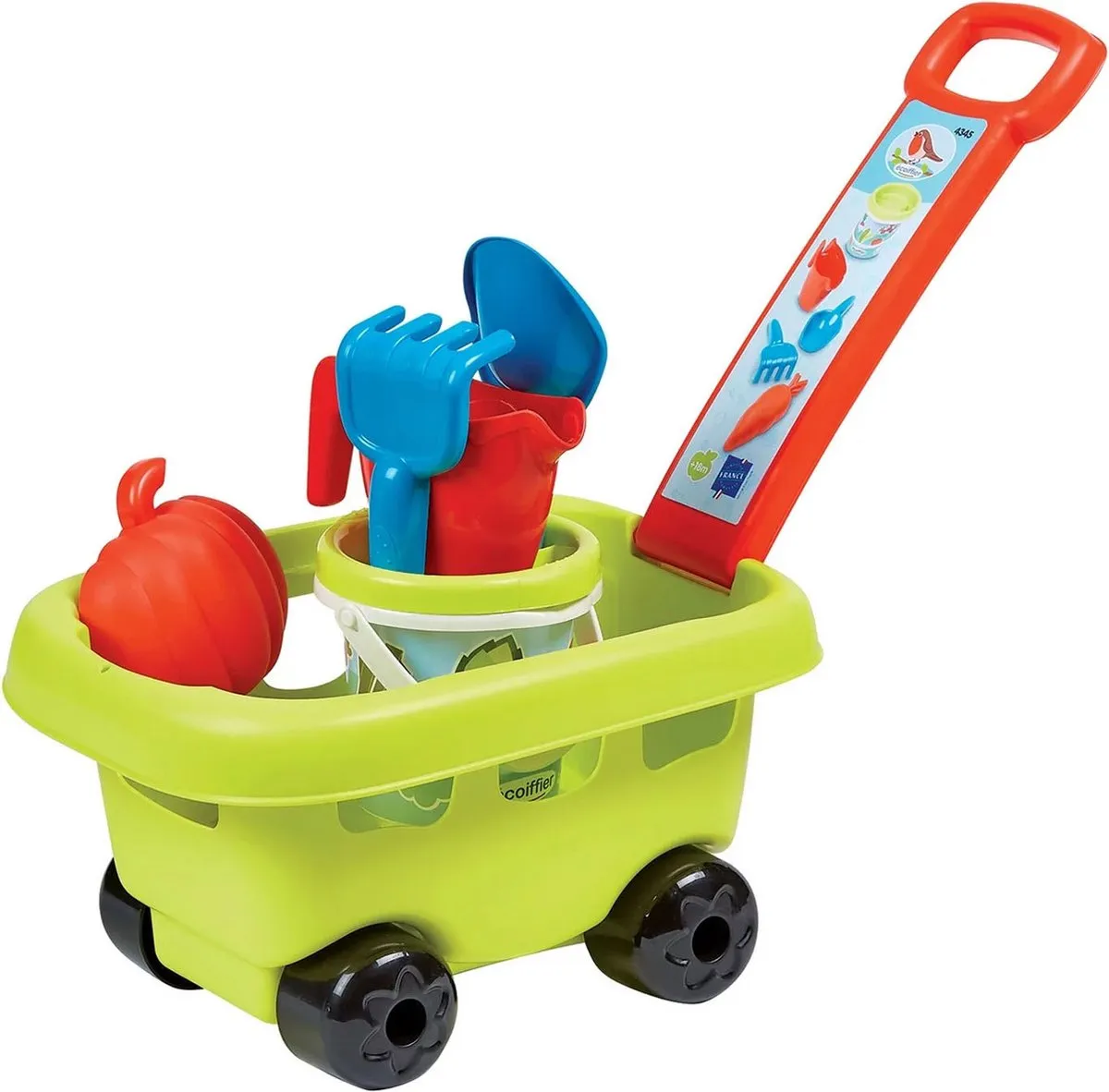 Ecoiffier Zandbak Set Emmer Spatel Grabki Gieter Schimmel + Trolley op Wielen speelgoed