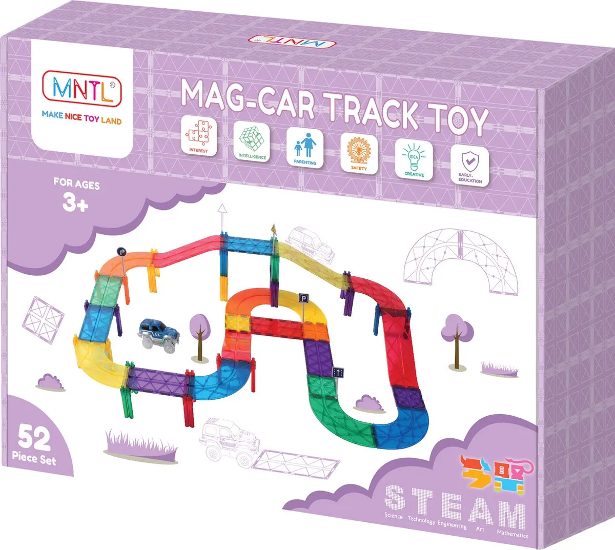 MNTL Magnetic Tiles Racebaan - 52 Onderdelen - Magnetisch Speelgoed - Combineer met Connetix / Magna Tiles / Coblo - Open Einde Speelgoed - Montessori speelgoed